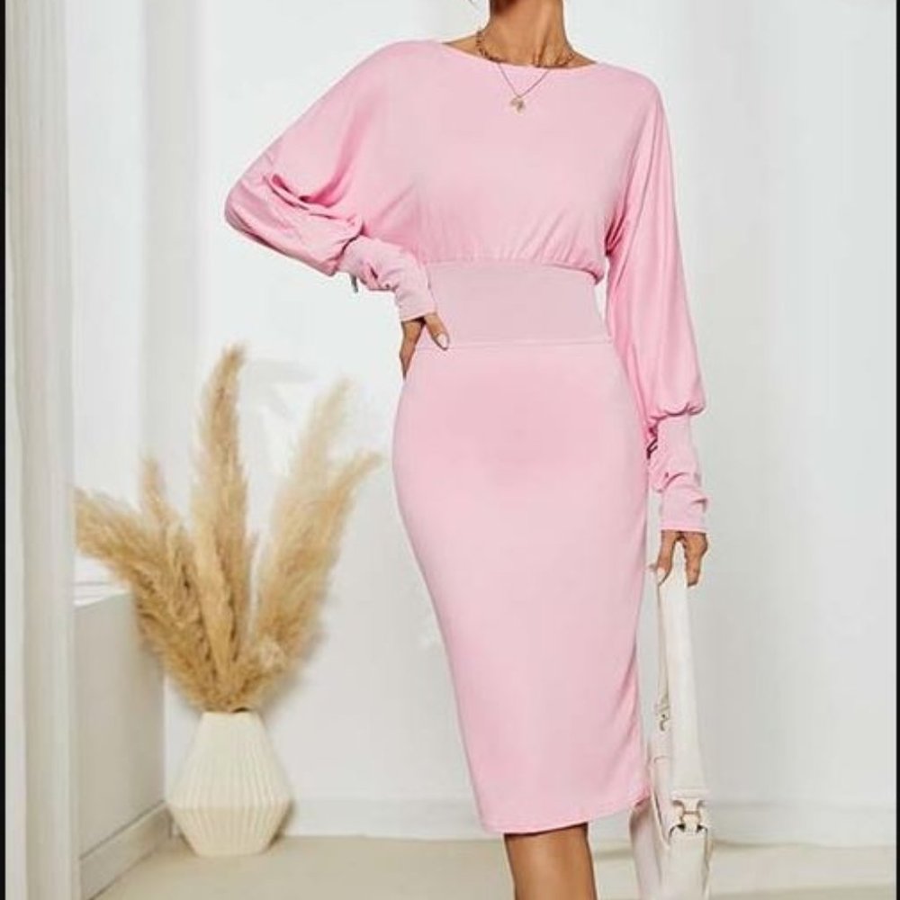 ZOWODO | Pink Balloon-Sleeve Midi Blouson Dress